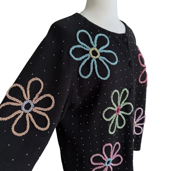 MICHAEL SIMON Beaded Flower Cardigan Black Y2K Retro Whimsical Collectible Sz 1X - Picture 4 of 17